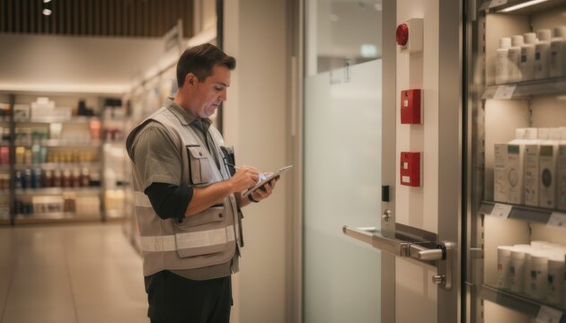 Inspector assessing fire safety systems inside a retail shop highlighting alarm devices and emergency exits with surrounding shelves softly out of focus.