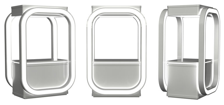Modern white curved trade show booth with luminous LED panels. 3d illustrations transparent background