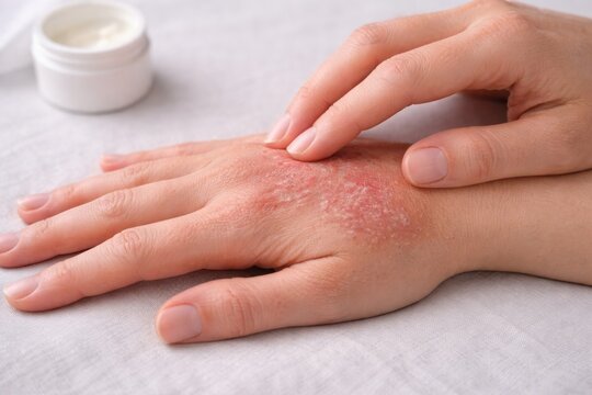 Close-up of a hand with severe eczema, showing red and irritated skin, applying cream.