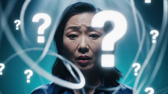 Confused woman with question marks.