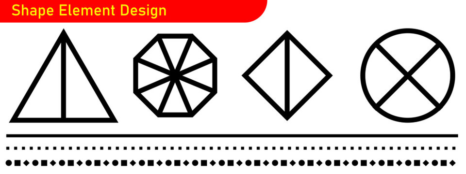 Shape Elements: A minimalist design showcases a series of geometric shapes, including a triangle, octagon, square, and circle, each defined by crisp lines and a focus on form.