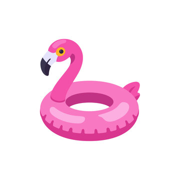 pink flamingo swim ring, pool inflatable toy, colorful illustration