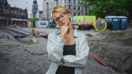 Fototapeta premium Woman wearing glasses and light shirt, hand on chin, standing before an urban excavation trench with cables and portable toilets on a street construction site; contemplation.