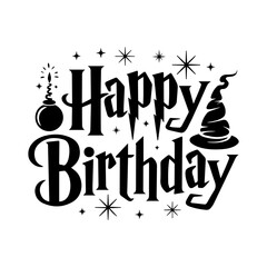 Fototapeta premium Black Happy Birthday SVG lettering on a transparent background with a wizard's hat