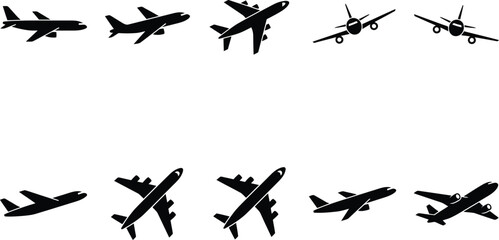 Airplane silhouette vector set, 10 commercial aircraft icons in various flight angles, black plane symbols for travel and aviation design © Muhammad