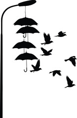Fototapeta premium Surreal streetlamp silhouette with umbrellas hanging, birds flying in artistic composition, imaginative black and white vector illustration, creative abstract design for conceptual themes