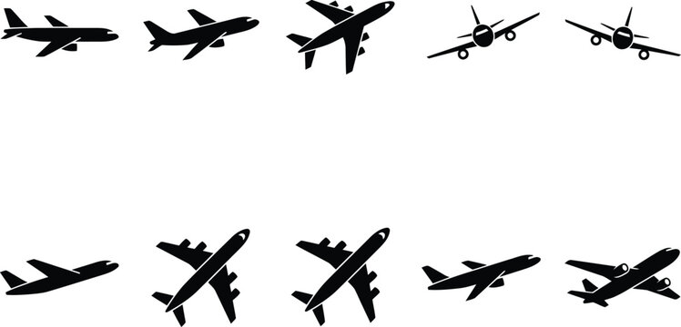 Airplane silhouette vector set, 10 commercial aircraft icons in various flight angles, black plane symbols for travel and aviation design