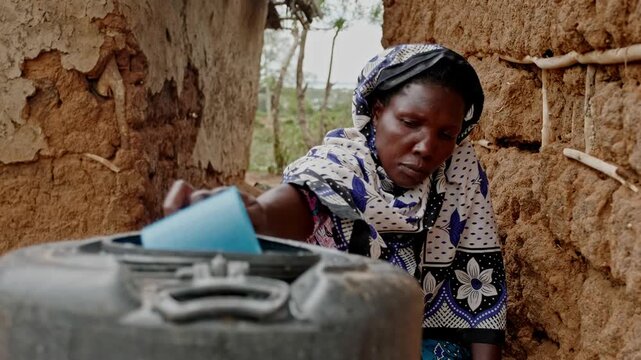 A woman collects and uses stored water from a container to wash dishes in rural Africa. The scene highlights water scarcity, limited access to clean water, and the importance of water for hygiene and 