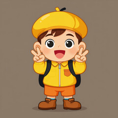 Fototapeta premium Happy Cartoon Boy in Yellow Outfit Making Peace Signs