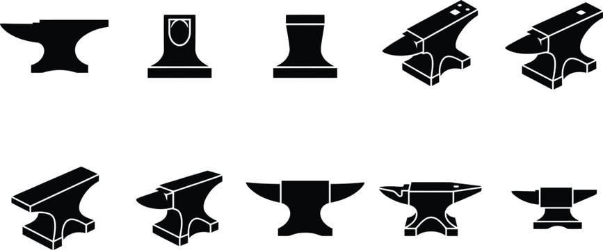 Blacksmith anvil vector icons set, industrial metalwork tools collection, heavy iron anvil silhouettes for forging and metal smithing design
