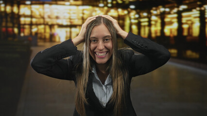 Fototapeta premium Woman young hispanic smiling with fists raised and hands on head in airport terminal; career success joy.