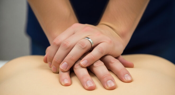Person performing lifesaving CPR chest compressions on medical doll