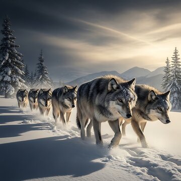 A pack of wolves treks through a snowy, mountainous winter landscape at dawn