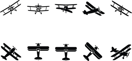 Vintage biplane silhouettes set, 10 antique airplane vector icons, retro propeller aircraft collection for aviation logos and military history design © Muhammad
