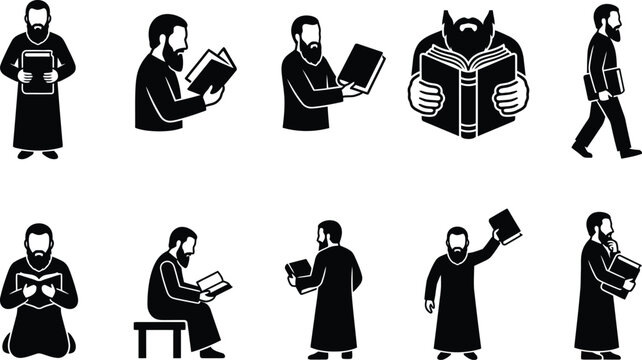 Minimalist monk reading book icons, set of 10 black and white priest silhouettes, religious scholar studying scripture vector illustrations