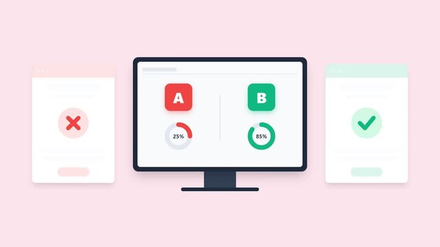 Flat design animation of A/B testing process, comparing two website variations on a computer screen for marketing conversion rate optimization