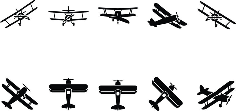 Vintage biplane silhouettes set, 10 antique airplane vector icons, retro propeller aircraft collection for aviation logos and military history design
