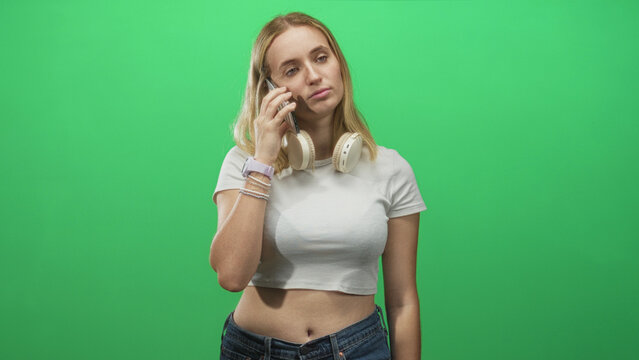 Woman holding smartphone to ear with headphones around neck in studio, wearing crop top, jeans and bracelets; quiet contemplation.