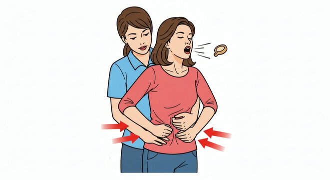 Woman performing Heimlich maneuver on a choking person illustration