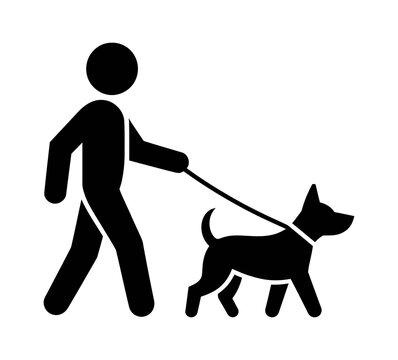 Black vector art shows a person walking a dog on a leash in a simple design