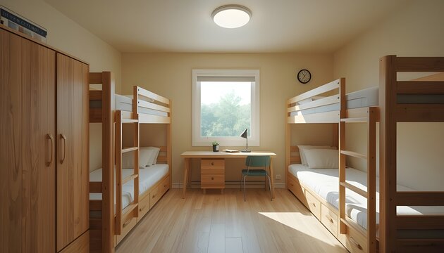 A bright and clean hostel room with bunk beds and a desk by the window