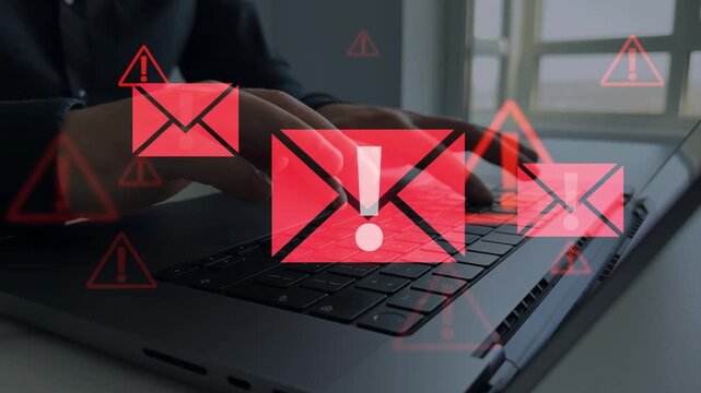 Email hacks, phishing attacks and virus alerts. Online fraud and cyber threats.Digital screen showing scam and spam emails.