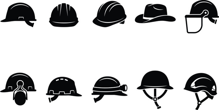 Industrial safety helmet icons set, construction hard hat vector silhouettes, protective headwear for site workers, 10 professional head gear elements