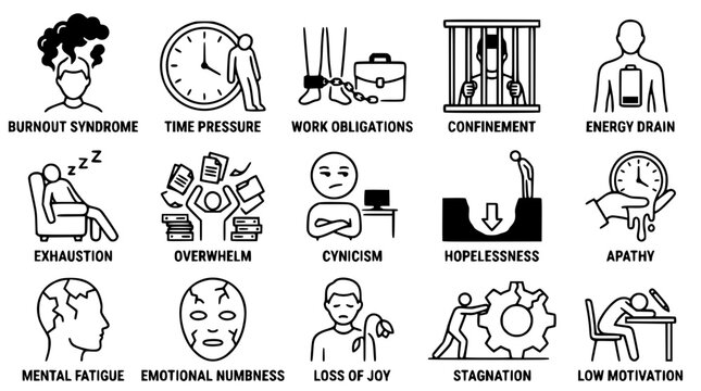 Vector graphic illustration of burnout syndrome symptoms and effects