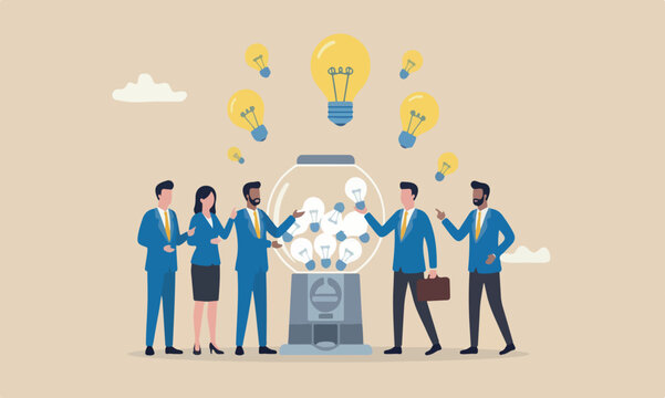 Business ideas entrepreneur innovation light bulb symbol concept, smart businessman with a lot of ideas standing with gumball machine with abundance of lightbulb ideas