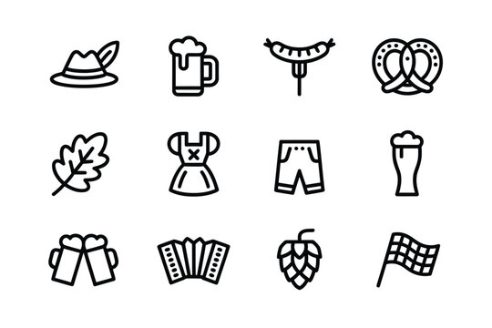 A collection of black and white line icons representing bavarian culture and oktoberfest traditions