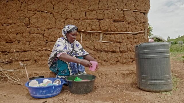 A woman washes dishes using a small amount of stored water in rural Africa. The scene highlights water scarcity, careful water use, and the importance of water for daily hygiene and survival.