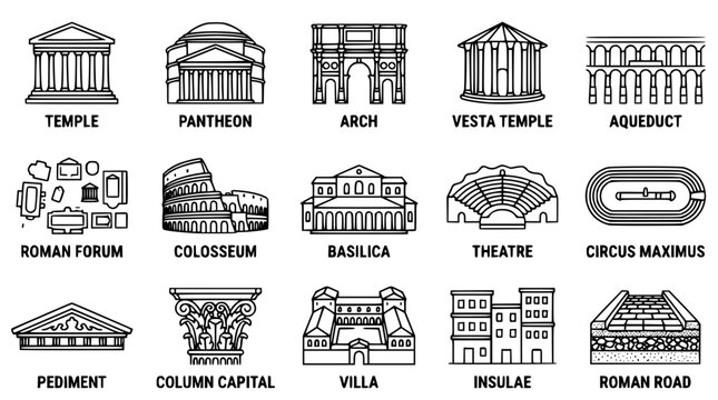 Various Ancient Roman Architectural Structures and Monuments Illustration