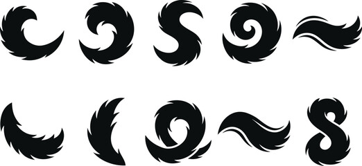 Black fur tail vector set, 10 fluffy animal tail silhouettes, fuzzy curved hair brush strokes, decorative hairy tail icons for character design © Muhammad