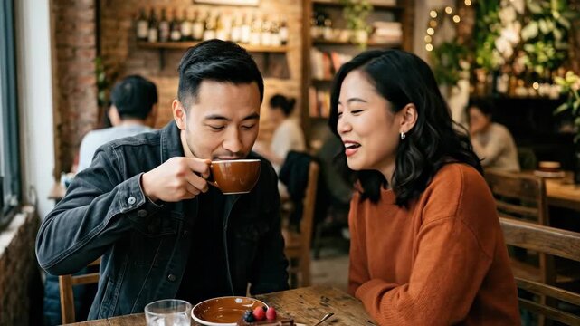 Side view portrait of laughing Asian couple enjoying date in cafe, vietnamese, asian, taiwanese, man, woman, boyfriend, girlfriend, young, photorealistic culinary scene, appetizing texture, natural