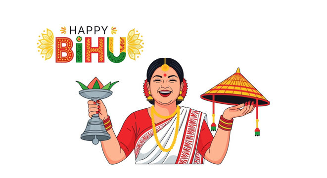 Illustrations depicting a smiling Assamese woman celebrating Bihu, holding a traditional xorai and jaapi against a white background, showcasing the festive Assam atmosphere and Indian