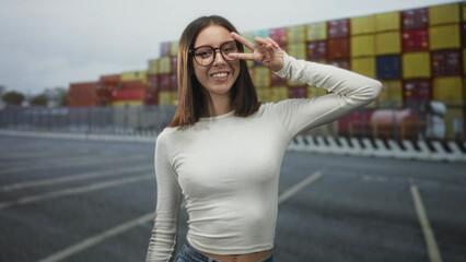 Fototapeta premium Young woman flashing peace sign with hand near eye on a street beside stacked shipping containers and fence; playful youth.