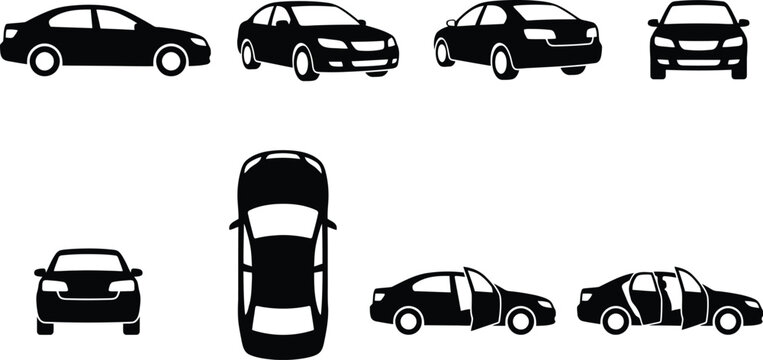 Black car silhouette vector set, sedan vehicle icons from multiple angles, automotive transport symbols for maps and technical diagrams
