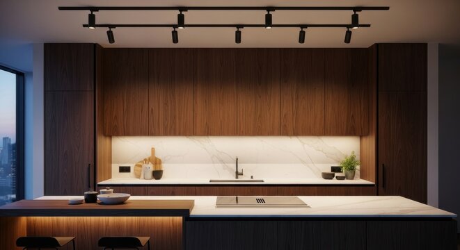 Dark Rich Walnut Cabinetry With Minimalist Fixtures In A Modern Kitchen Interior
