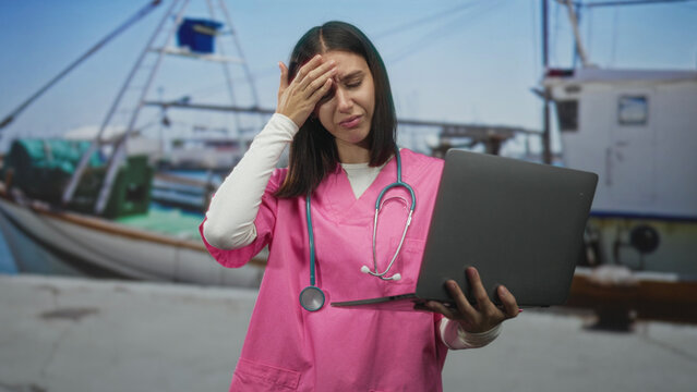 Young hispanic nurse in pink scrubs with stethoscope holds a laptop and coughs into hand to mouth in front of a harbor building; concern telemedicine.