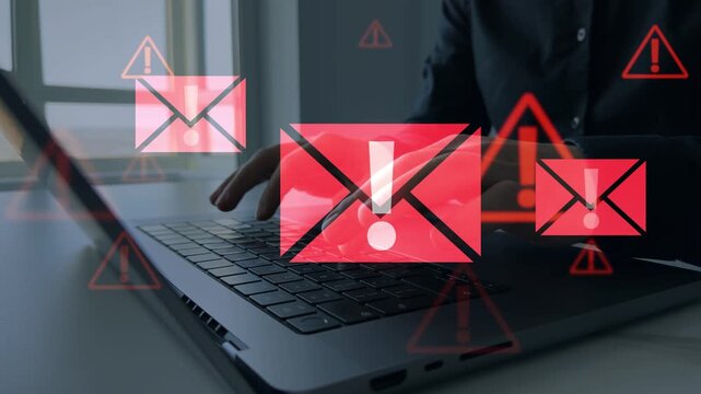Spam email message on digital screen.Email security and virus spam alert in email. Fake text email scam.Scammers online.Cyber scam.	
