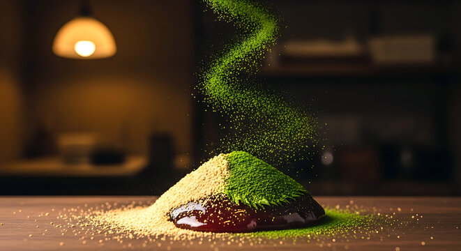 freshly molded gyuhi (soft mochi) being dusted with a vibrant swirl of kinako (roasted soybean flour), powdered shiso (perilla leaf), the powder settles on the glossy surface