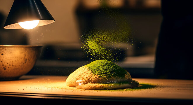 freshly molded gyuhi (soft mochi) being dusted with a vibrant swirl of kinako (roasted soybean flour), powdered shiso (perilla leaf), the powder settles on the glossy surface