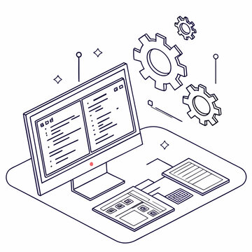 Computer with keyboard and gears for software development