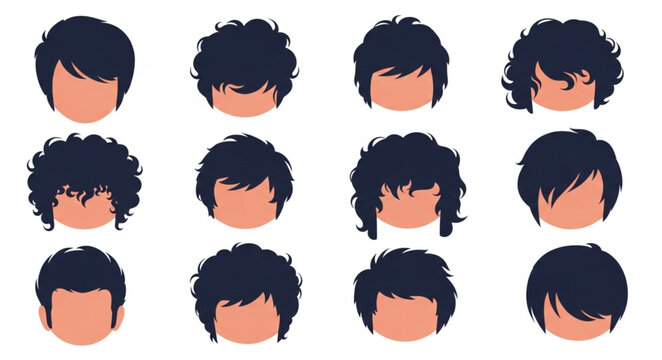 Set of Twelve Male Curly Hairstyle Avatars.