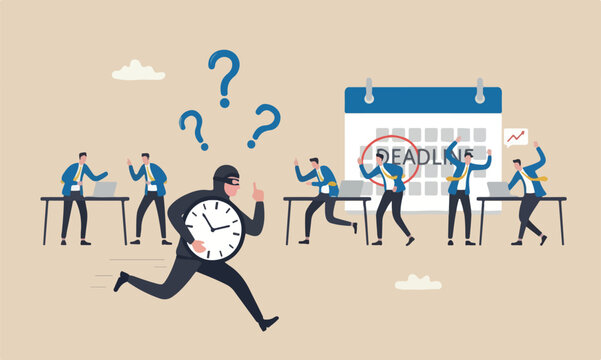 productivity meeting efficiency to finish in deadline, strategy or accomplishment concept, burglar thief stealing time clock and run away