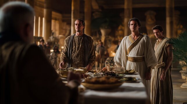 A composed biblical scene of Daniel calmly addressing a chief official in a richly appointed palace chamber, while his companions stand nearby and a table of royal food highlights the moment of convic