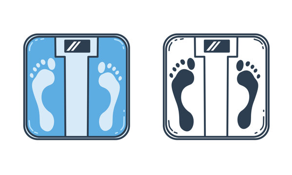 Smart weight scale set, electronic body mass index meter, outline and flat layered vector illustration for health and fitness tracking.