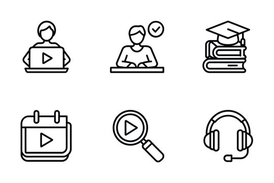 Line art icons depicting online learning education and digital resources for students