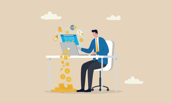 Make online investment, internet or e-commerce, sell product online, affiliate marketing concept, businessman making money coins online website from computer laptop