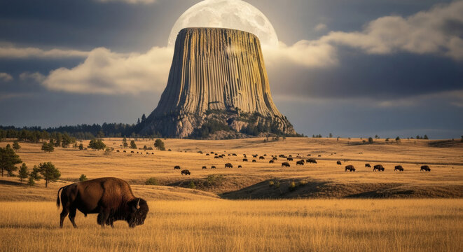 American Bison Grazing by Devils Tower Under a Massive Moon